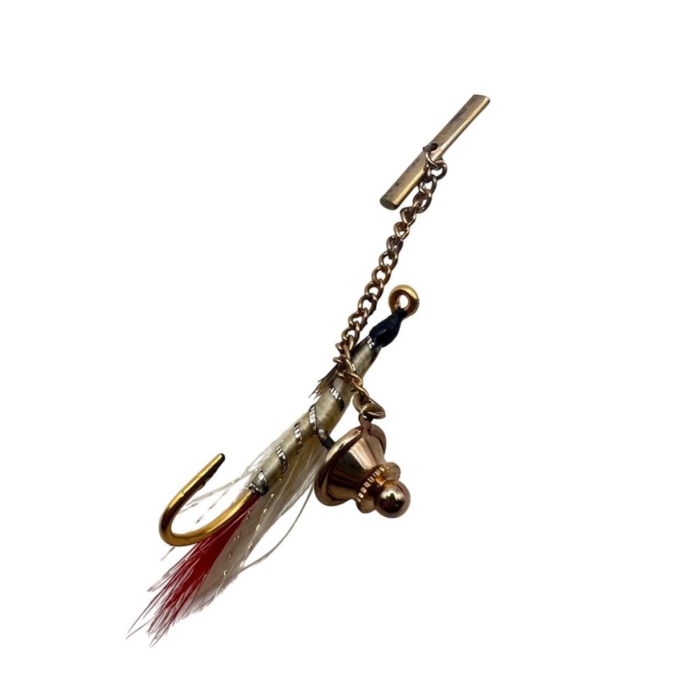 Vintage Fly Fishing Tie Tack Clutch Back Safety Chain Gift Set Gold Tone Angler - Picture 6 of 11